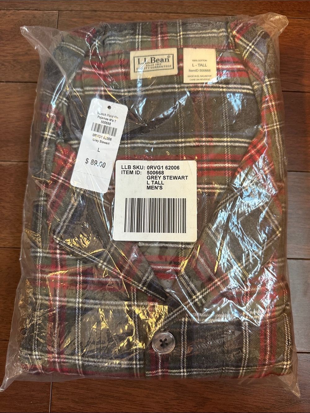L.L. Bean Men's Grey Plaid Flannel Shirt with Red and Cream Stripes